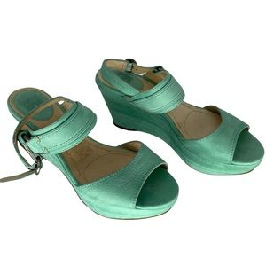 FRYE CARLIE SLING BACK LEATHER GREEN PLATFORM WEDGE HEELS SANDALS 8.5